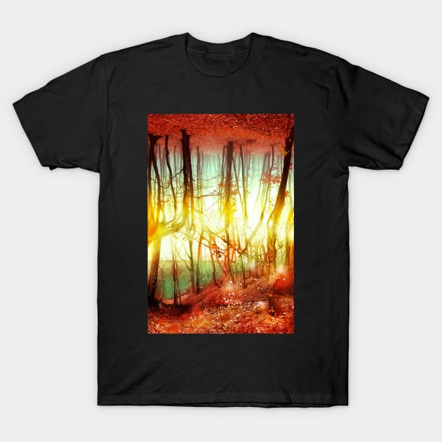 Endless Forest autumn forest red leaves optical illusion golden time T-Shirt by sandpaperdaisy